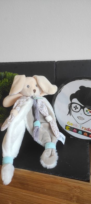 doudou lapin baby nat' bn0542 poupi nature blanc gris beige bleu jambe fourrure