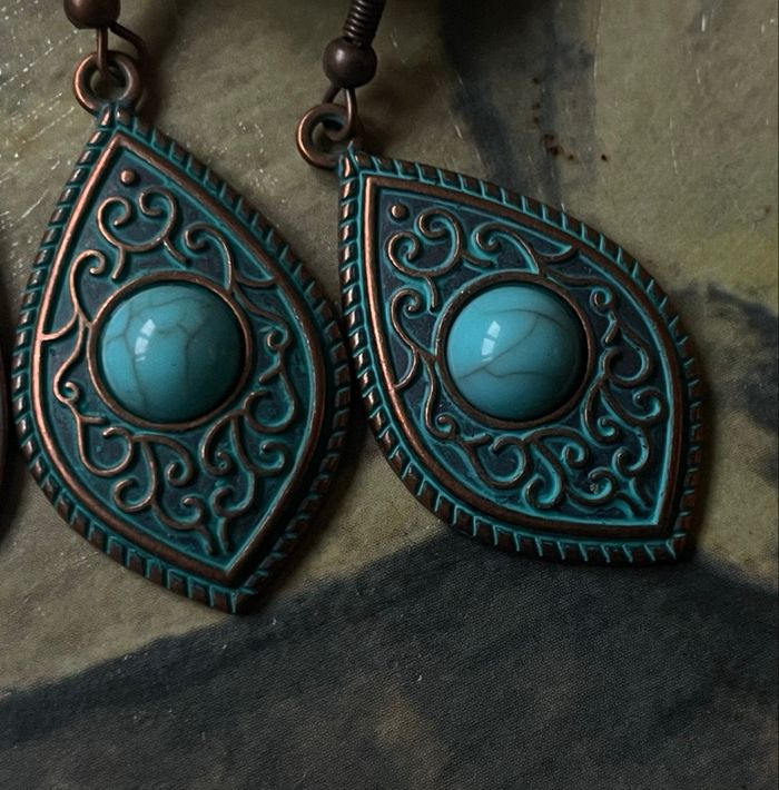 Boucles d’oreilles vintage – set de 3 paires – style ethnique turquoise & cuivre - photo numéro 4