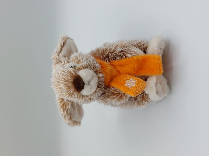 Peluche doudou lapin marron chiné blanc LASCAR écharpe orange flocon 18 cm