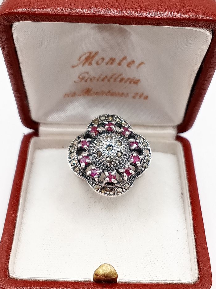 Antico anello da cocktail vintage donna rubini e marcasiti in massiccio argento 925 - photo numéro 2