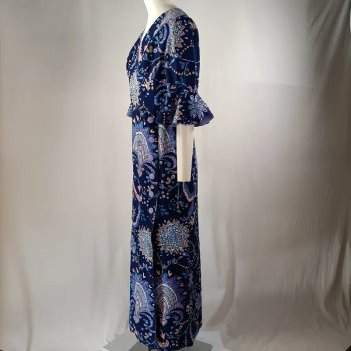 Robe longue bleu nuit imprimé cachemire, manches volantées, doublée, taille estimée M A1217 - photo numéro 2