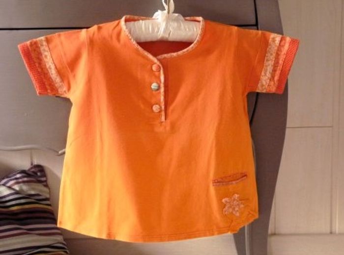 t-shirt fille 6 ans clyeux coton orange patchwork MC TBE - photo numéro 2