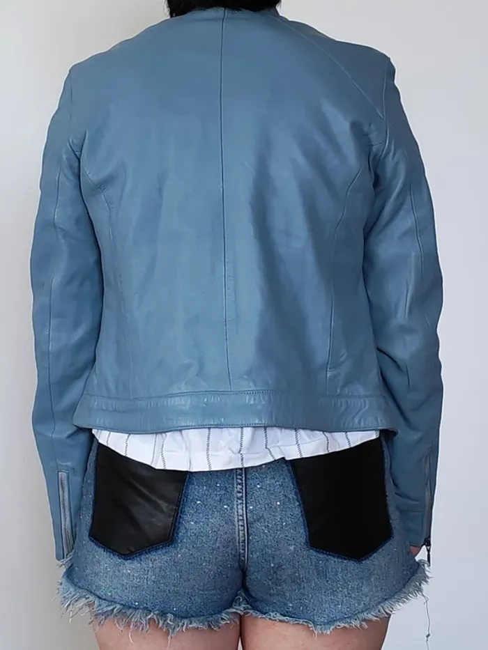 Veste Redskins Femme – Cuir d’Agneau Bleu Clair – Taille L – Style Biker Chic - photo numéro 3