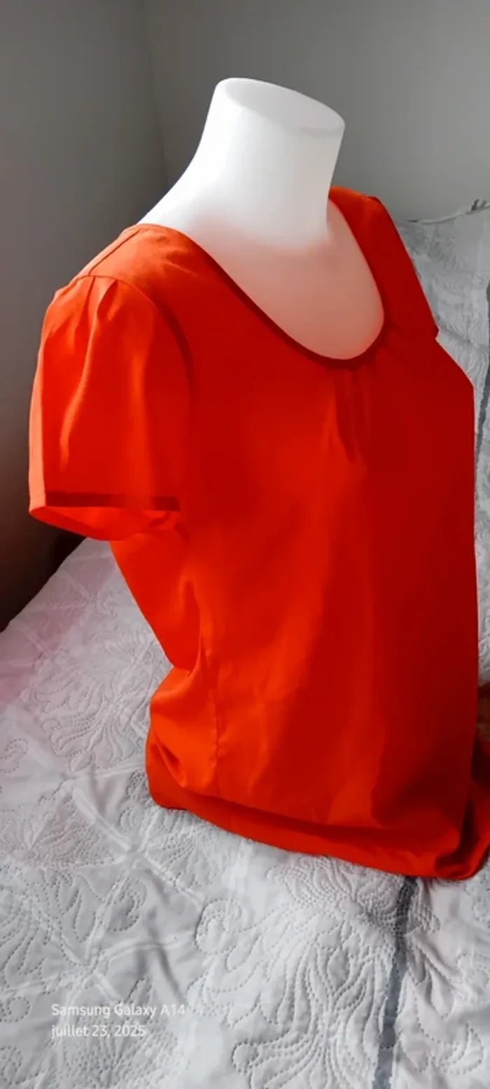 Blouse légère manches courtes col rond ouverture goutte d eau au dos orange femme L - photo numéro 3