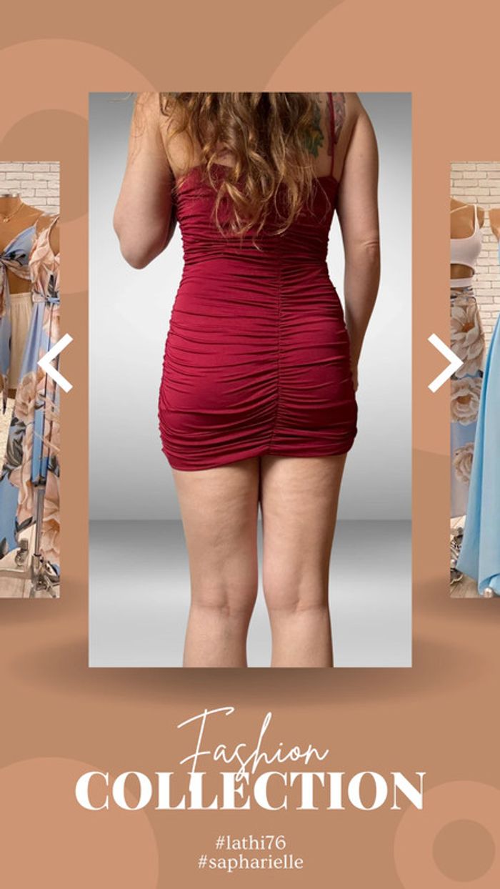 Superbe petite robe sexy plissée devant, froncée sur les côtés et derriere, rouge pourpre - photo numéro 3