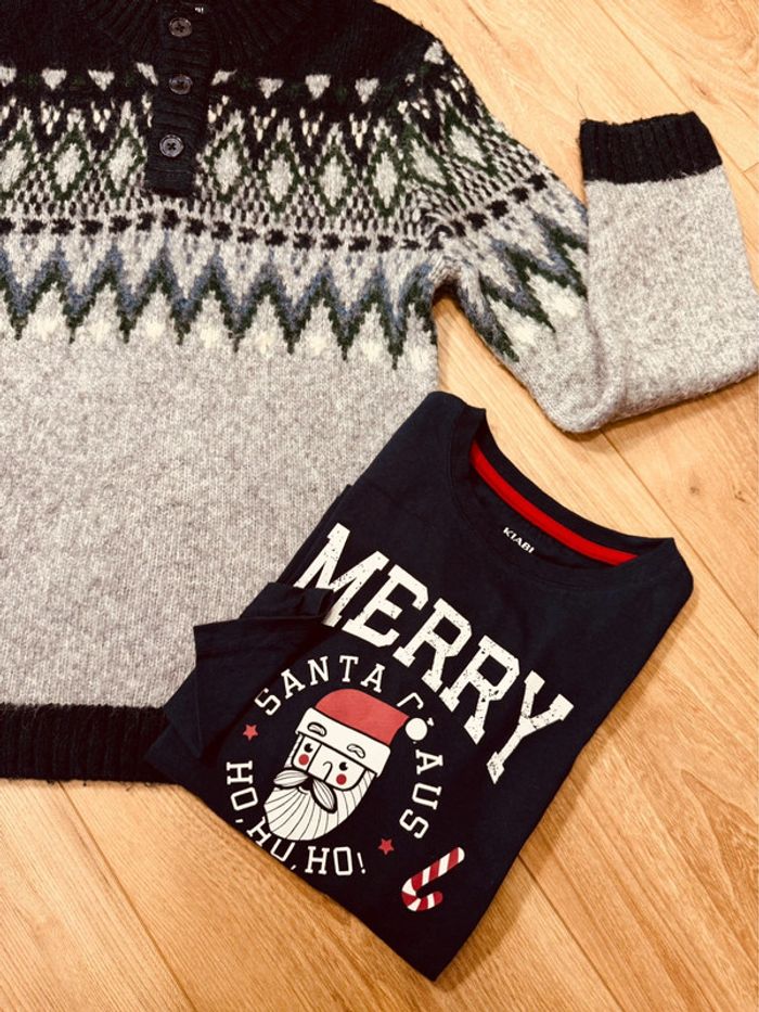 Taille 8 ans pull et teeshirt Noël garçon Kiabi gris bleu marine * Père Noël * 🎄 - photo numéro 4