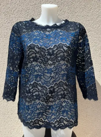 T.shirt manches 3/4 dentelle bleu et bleu marine Promod, pour femme, taille : 42