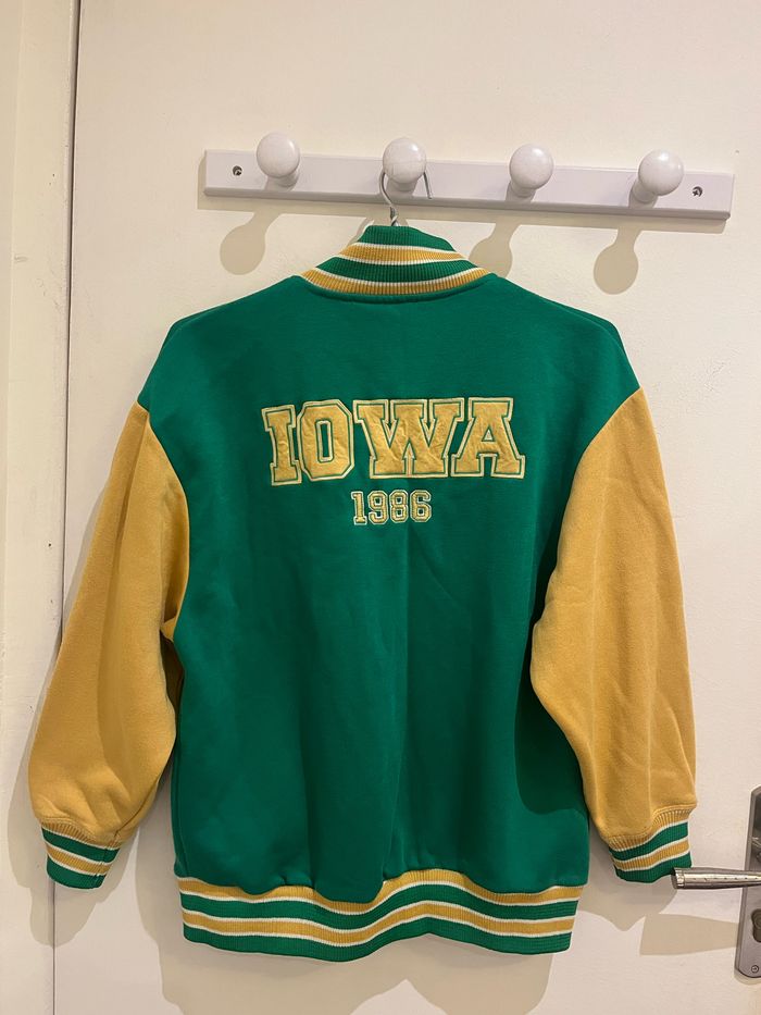 veste bomber blouson teddy oversize vert et jaune iowa moutarde stradivarius taille S/36 - photo numéro 3