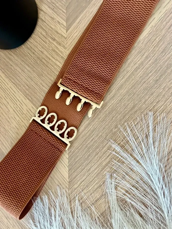 Superbe ceinture large élégante et chic marron Camel et doré taille ajustable - photo numéro 3