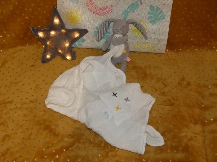Doudou lapin lange Noukie's blanc gris 🐰tbe - photo numéro 3