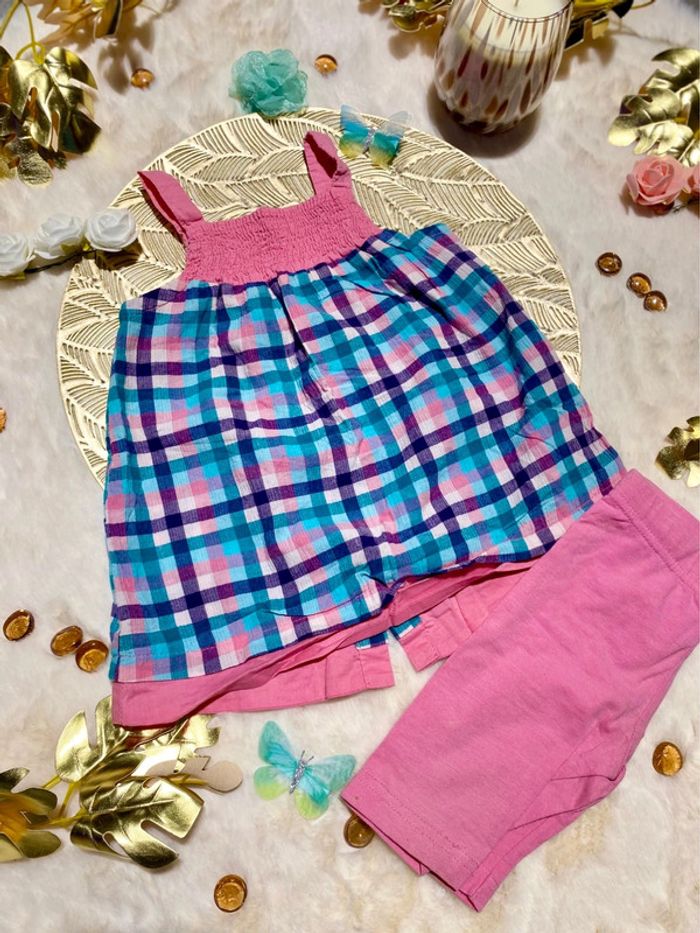 🌷 Ensemble Kitchoun blouse fluide + legging rose/bleu - bebe fille 12 mois excellent état  🌷