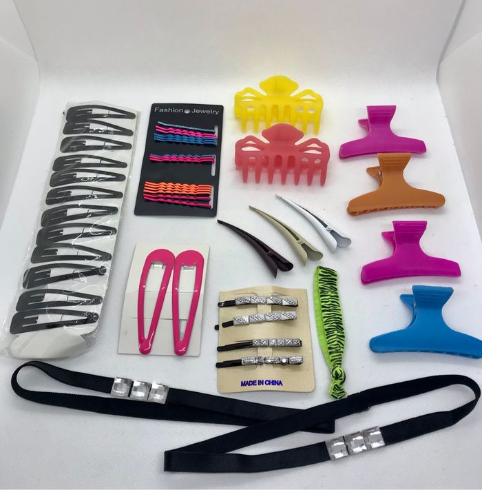 Lot 45 accessoires cheveux  barrettes élastiques pinces clips bandeaux serre têtes fluo noir