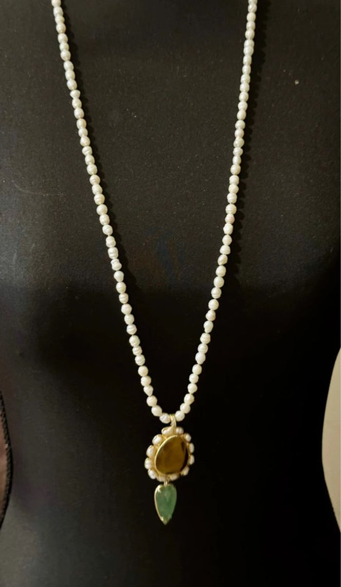Sautoir habaha Paris perles d’eaux douces véritables amazonite œil de tigre rare