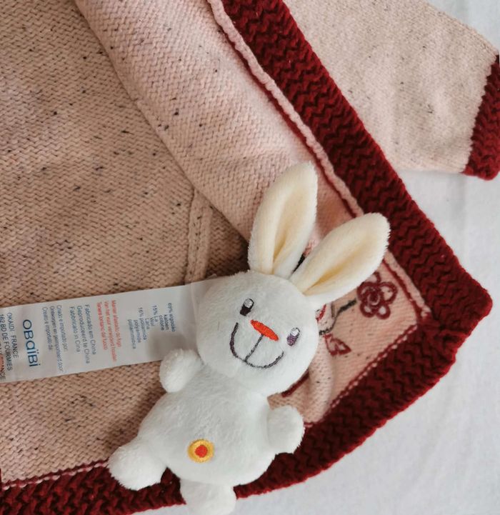 Gilet  👣  beige rosé rouge, obaïbi, laine,  6mois/67cm - photo numéro 7