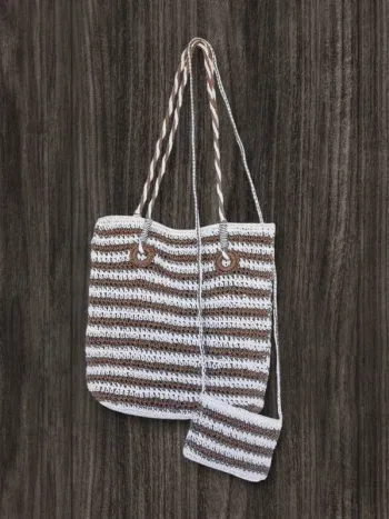Set sac rectangle anse + porte-monnaie bandoulière paille papier rayé blanc marron