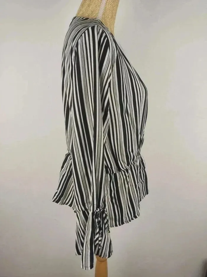 Blouse cache-coeur manches longues rayée noir et blanc taille XL Even & Odd neuve - photo numéro 3