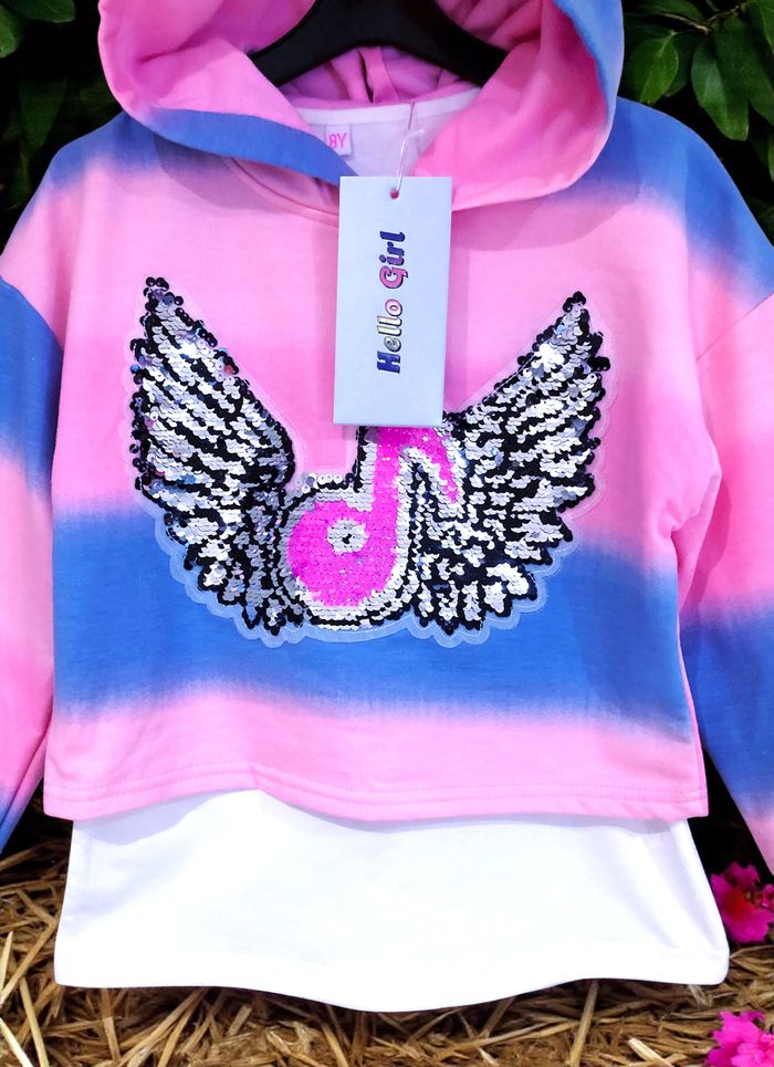 HELLO GIRL - NEW - ENSEMBLE 3P FILLE MOTIF AILES ANGE, NOTES DE MUSIQUE & TONS PAILLETÉS FLASHIES 8A - photo numéro 4