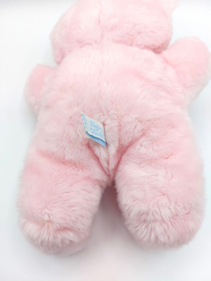 Ancien doudou peluche ours rose TARTINE ET CHOCOLAT VINTAGE 30 cm yeux bleus dur rayures - photo numéro 4
