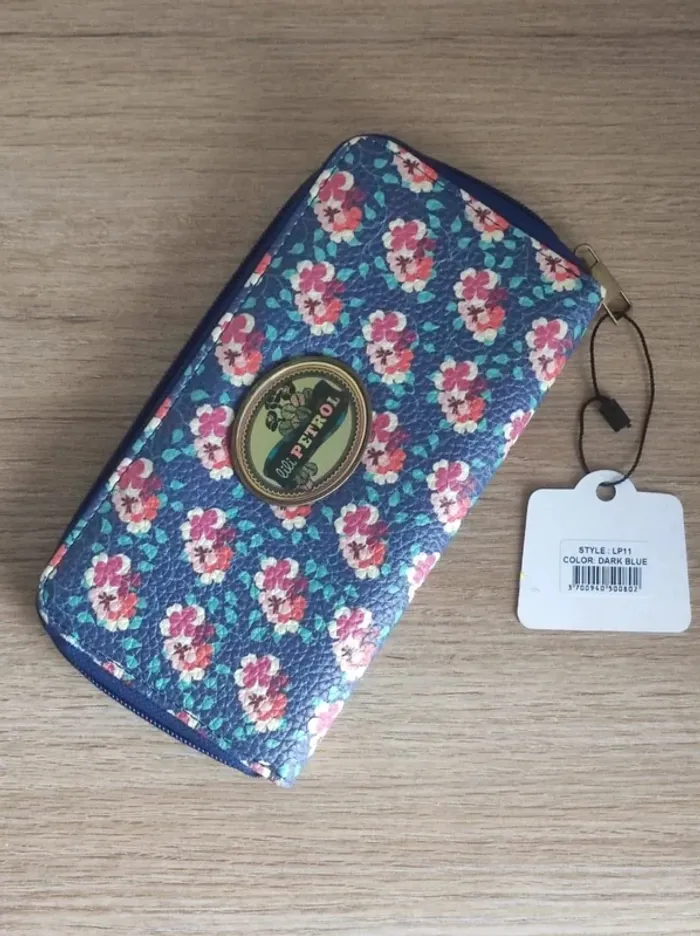 Portefeuille Dark Blue fleur rose rouge / Lili Petrol - 20x10cm
