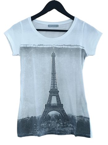 T shirt blanc casse imprime tour eiffel. Ligne a suivre. Taille S / 36