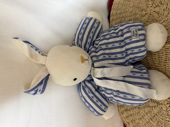 doudou lapin blanc rayé bleu TARTINE ET CHOCOLAT grand modèle 