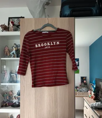 Pull côtelé bordeaux et blanc a manches longues Gémo - Taille L 40