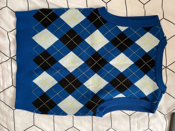 Pull sans manches à carreaux col v - photo numéro 4