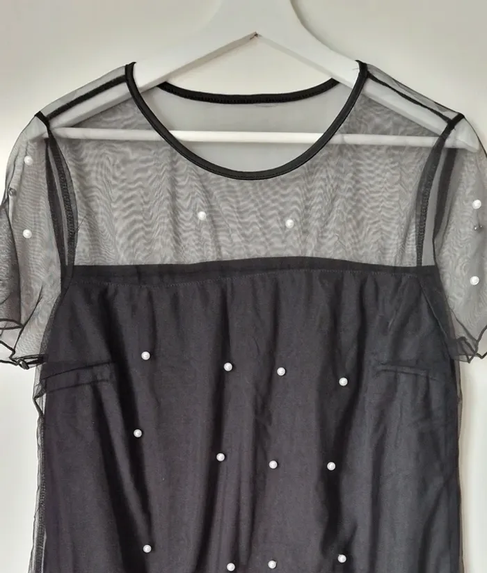 Robe noire voile perles, neuve, XL44