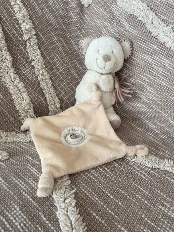 Peluche Doudou mouchoir 18cm Pommette ours blanc et beige très bon état