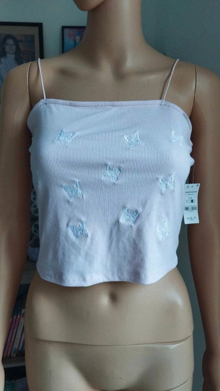 Débardeur top rose clair avec papillons blanc taille l femme - photo numéro 2
