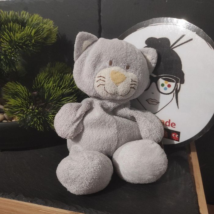 doudou peluche chat gris blanc jaune bleu nicotoy ancien vintage Billes Éponge