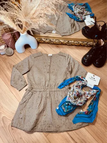 Taille 5 ans robe et foulard fille TAO kaki bleu 🌸