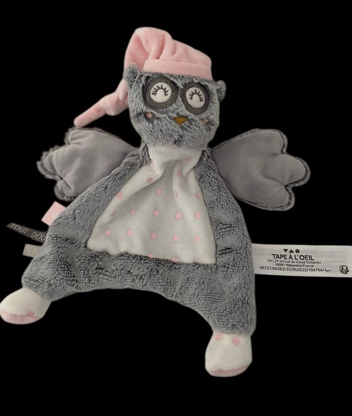 B6178❤️  Doudou Plat Chouette Hibou Gris Rose Blanc Pois TAO TAPE A L'OEIL