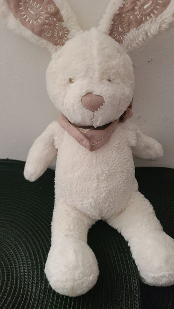 DOUDOU PELUCHE NICOTOY LAPIN BANDANA BLANC MARRON TAUPE 30 cm