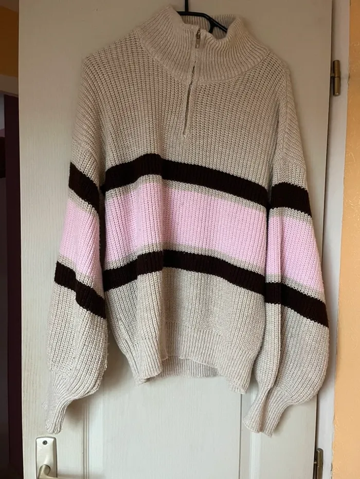 Pull col camionneur rayé tricolore beige - photo numéro 2