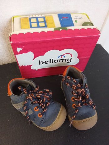 Chaussures montantes  cuir bébé garçon  taille 19, marine, orange,  marque bellamy premier pas, semelle antidérapante