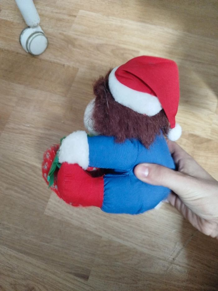 Peluche vintage ours noël bleu et rouge avec hotte - photo numéro 3