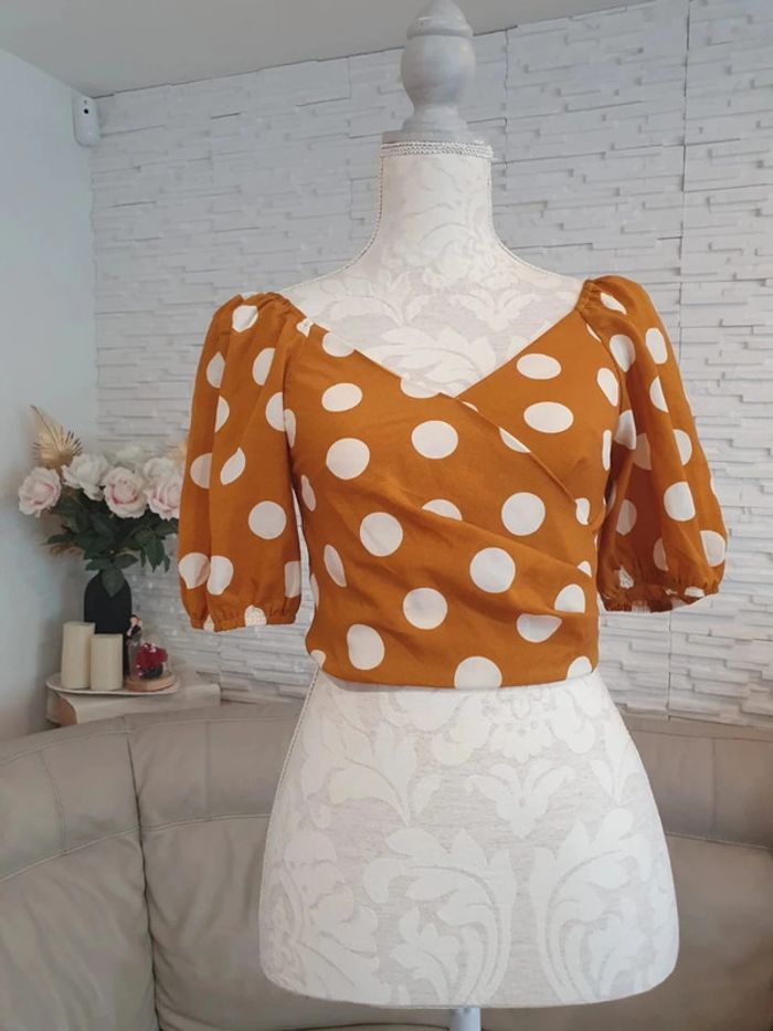 Haut court lucy Wang taille XS 34 jaune pois blanc - photo numéro 4