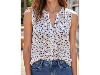 Haut blouse tee-shirt blanc avec fleur rose rouge Camaïeu L