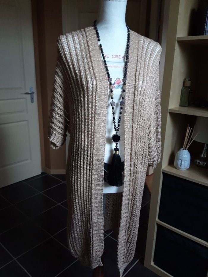 Gilet long maille ajourée lurex doré pailleté neuf