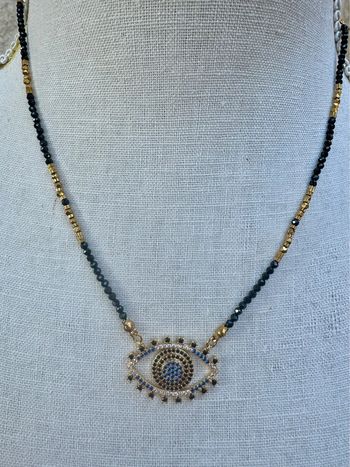 Collier perles naturelles œil cristaux acier inoxydable or bru