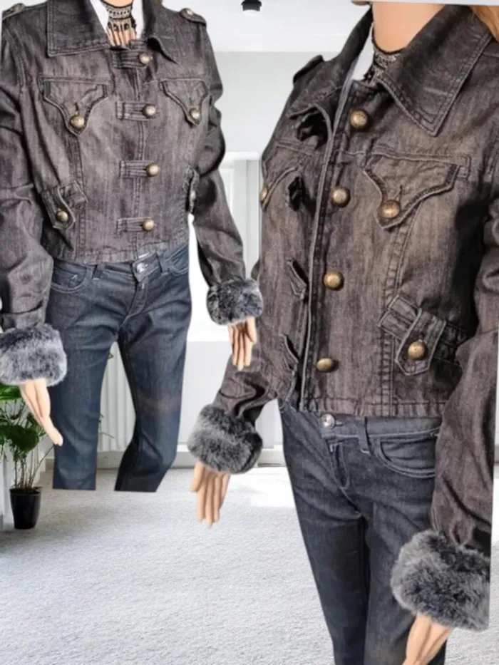 Veste courte jean gris ,Morgan ,coupe droite ,extrémité manches fourrées - photo numéro 3