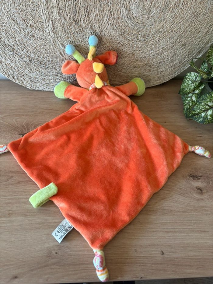 Neuf Doudou plat girafe jaune orange oiseau brodé mots d enfants - photo numéro 3