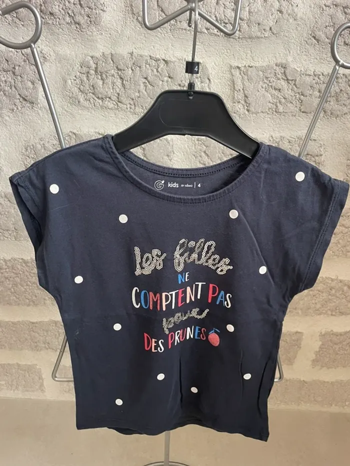 Tee shirt fille bleu marine pois blanc gémo