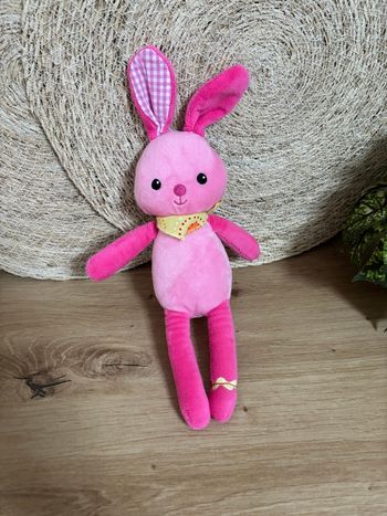 Neuf doudou lapin rose bandana jaune grelot jemini