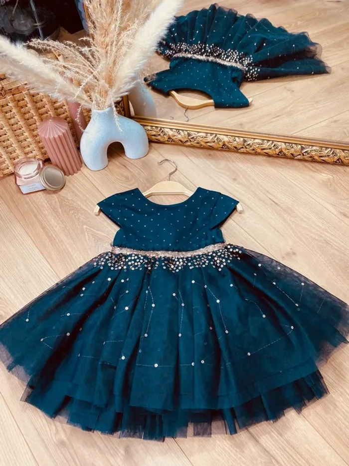 Taille 2 ans Robe créateur fille TAO bleu marine doré * sequins tulle * 💙