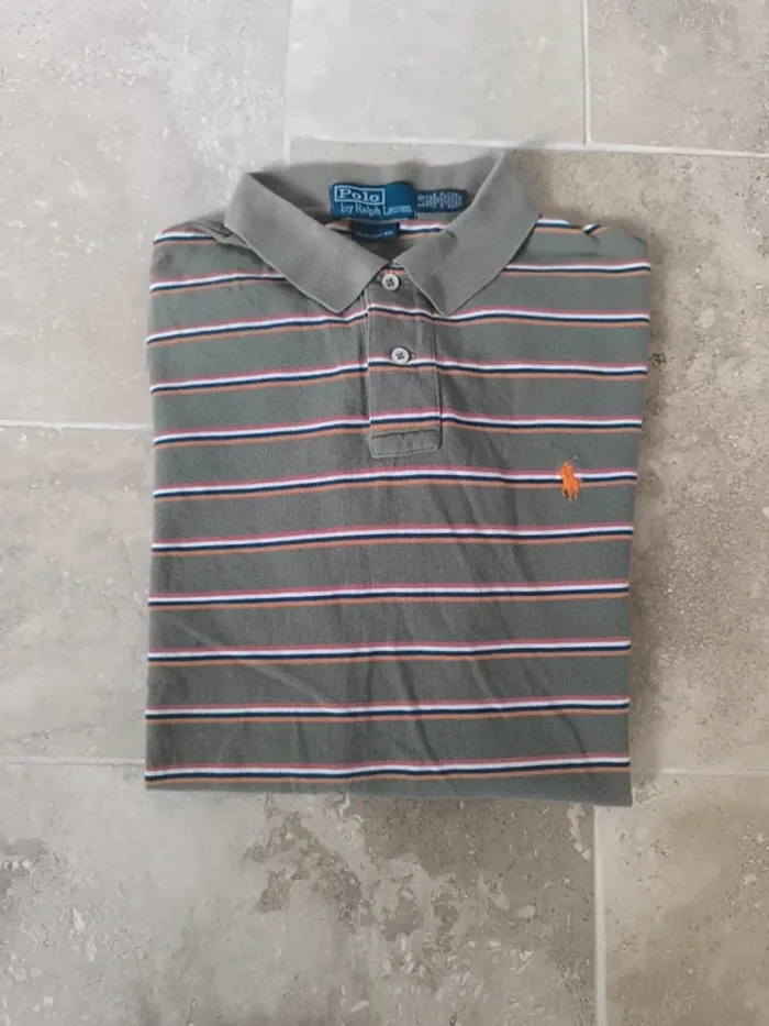 Polo Ralph Lauren homme L marron clair rayures colorées logo orange bon état général