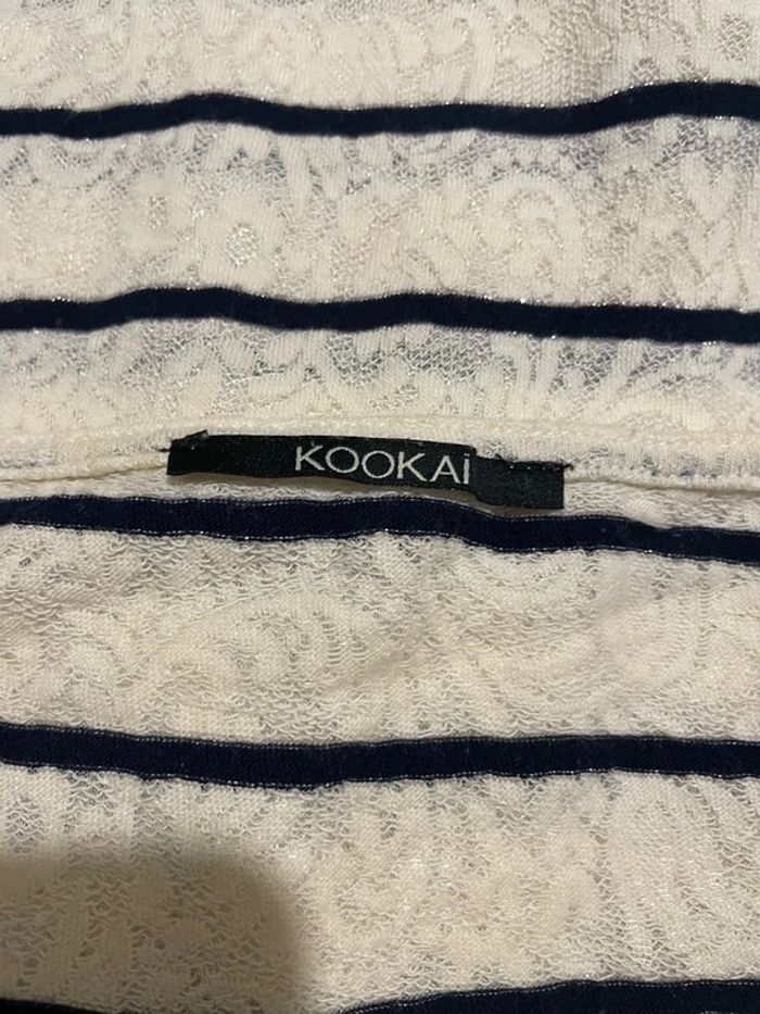 T-shirt manches 3/4 écru crème à rayures bleu marine boutons col a dentelle doublé kookai taille 36 - photo numéro 6