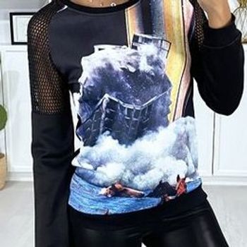 Sweat noir pour femme transparent aux épaules avec motif devant.