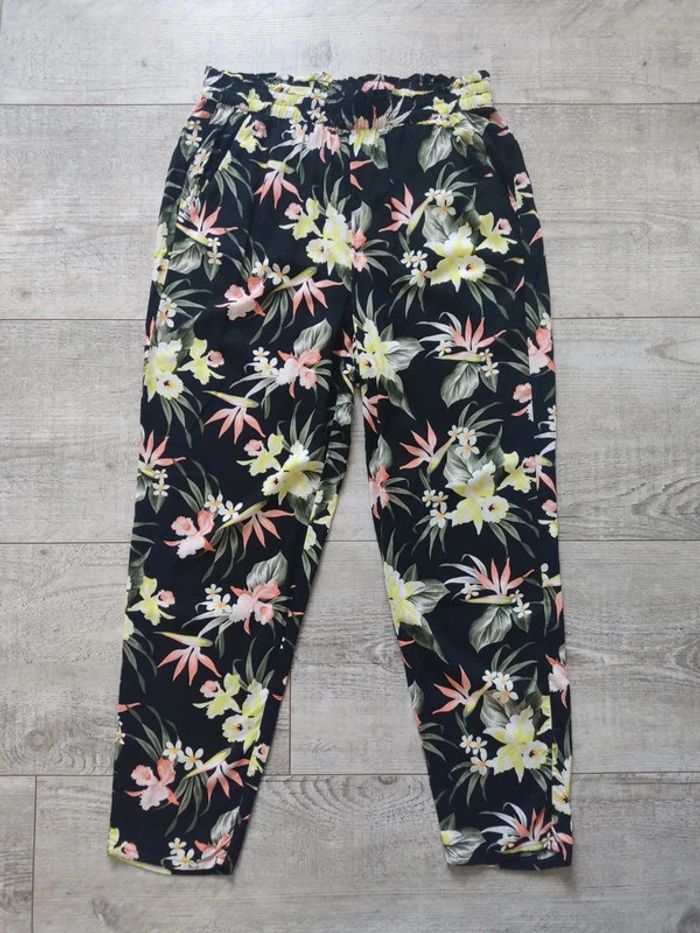 Pantalon détente noire motifs fleurs tropicales multicolores avec poches taille 40 H&M